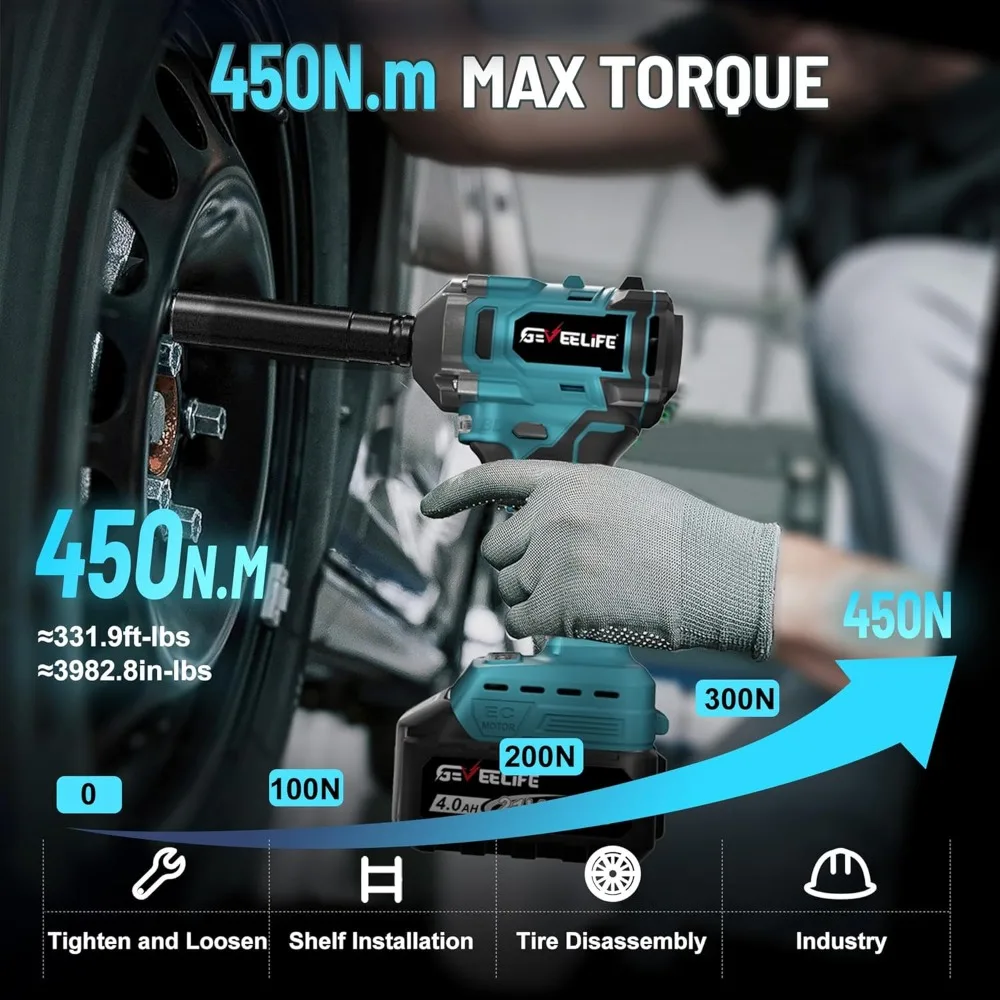 Obeng Impack Tanpa Kabel 450N.m/332Ft-lbs, Pistol Impack Tanpa Kabel 1/2 inci dengan Baterai 4.0Ah & 6 Soket, Obeng Impack Elektrik