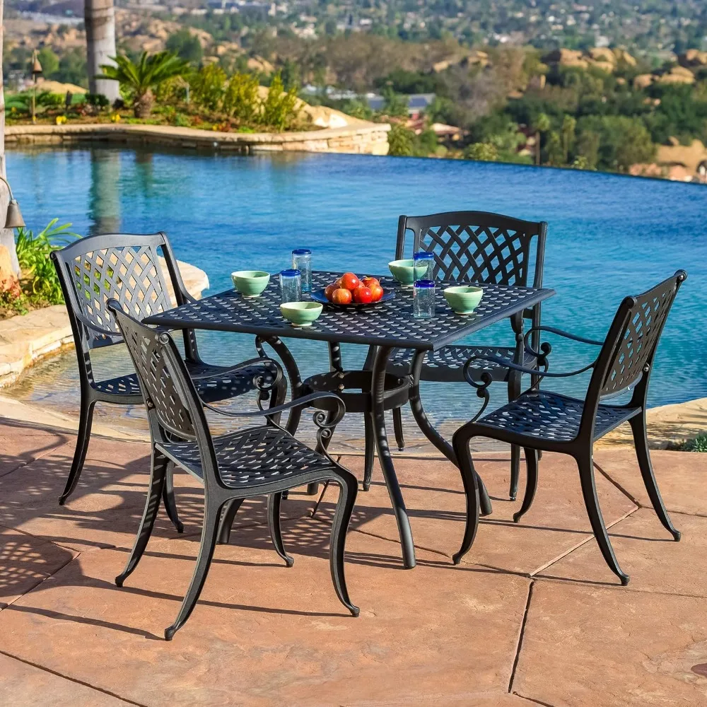 

Outdoor Dinings Table Chair Set, Cast Aluminum Outdoor Dining Set, 5-Pcs Set, Black Sand , Outdoor Garden Furniture Sets