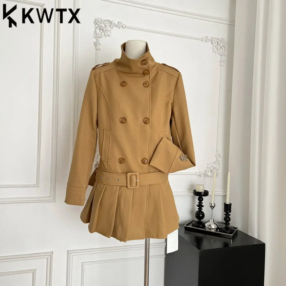 

KWTX 2025 New Women’s Double Breasted Trench Coat Solid Color Stand Collar Belted Pleated Vintage Elegant Casual Autumn Winter