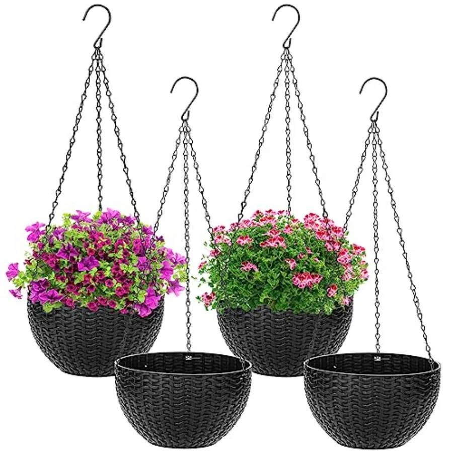 

4 Pack Black Hanging Planters 8.2 inch Hanging Flower Basket Planter Pots Garden Plant Pot Container Balcony Patio Hanging Bask