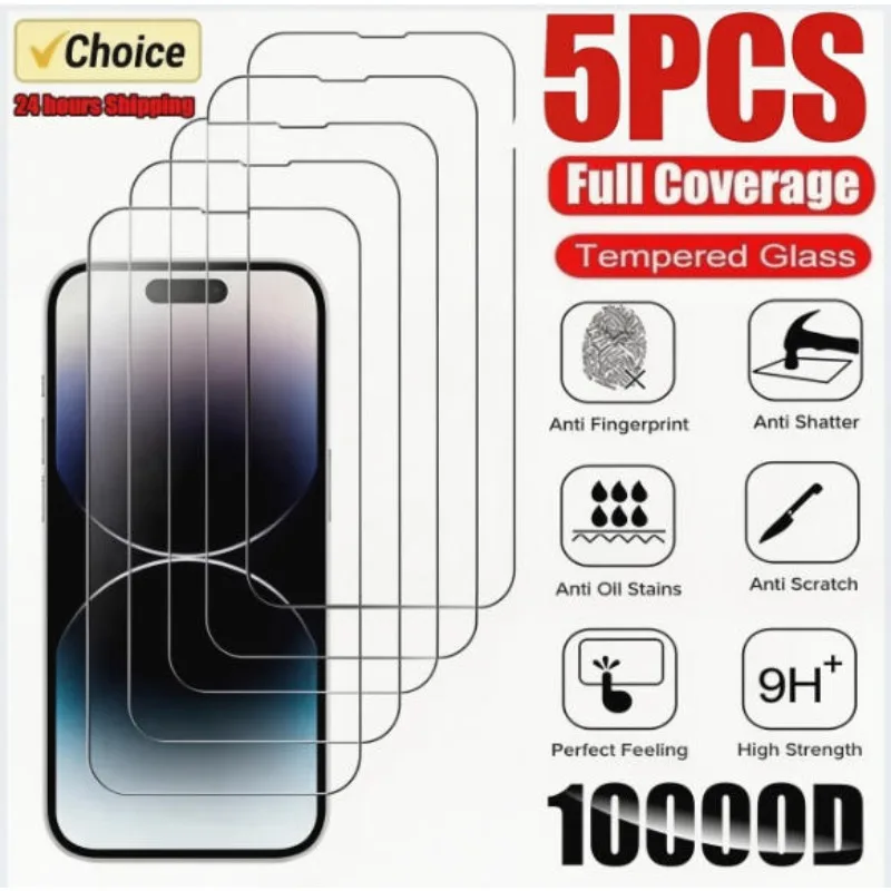 5 Piezas de Vidrio Templado para iPhone 17 16 15 14 13 12 11 Pro Max Protector de Pantalla para iPhone Air 16E 7 8 SE X XS XR Película Protectora