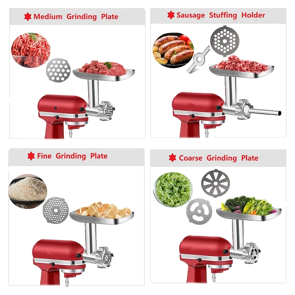 Metal Food Grinder Attachment for KitchenAid Stand Mixer,Meat Grinder Accessories Includes Sausage Stuffer Tubes