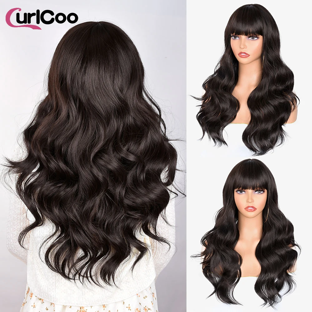 

Long Wavy Black Synthetic Hair Wig with Bangs for Women Dark Brown Body Wave Wigs Cosplay Natural Daily Hair Heat Resistant