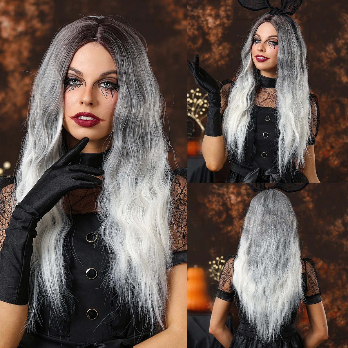 

Grey White Ombre Synthetic Wig for Women Lolita Wig Long Wavy Middle Part Fake Hair Platinum Cosplay Costume Wig for Party Daily