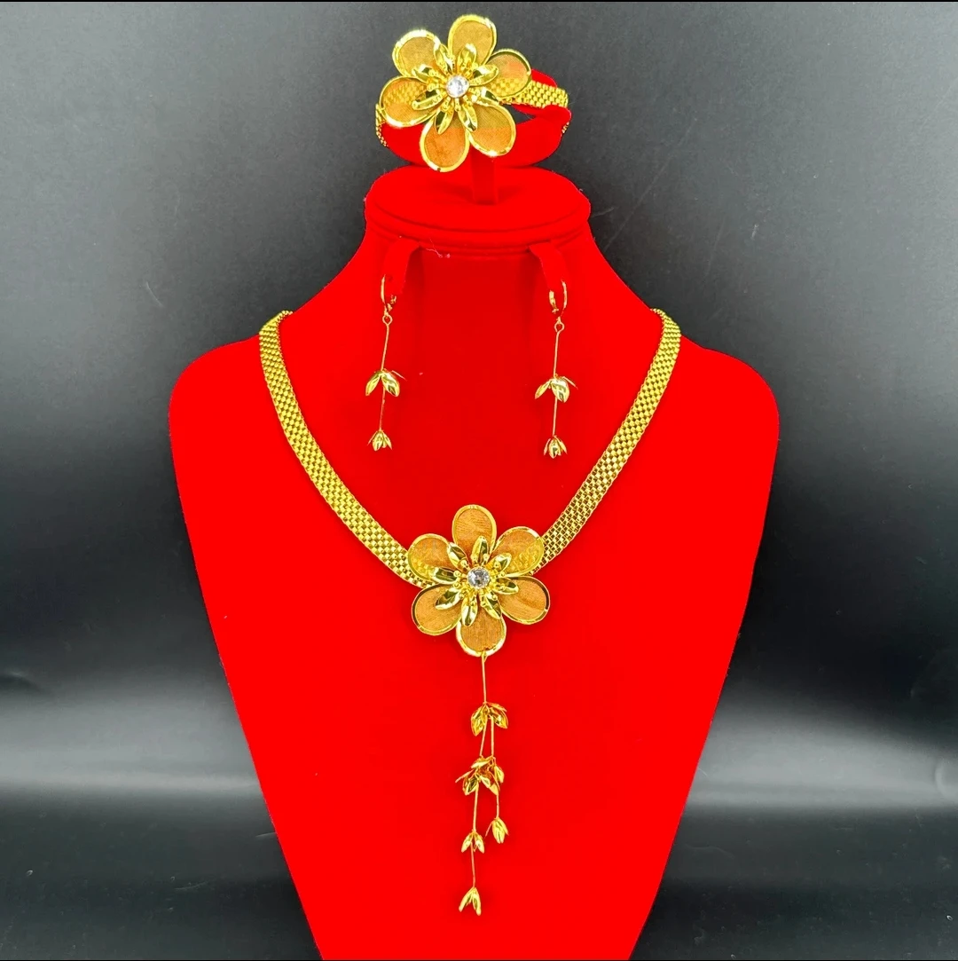 

New Dubai 24K Gold Plated Necklace Earrings Bracelets for Women's Wedding Party Jewelry Set DD10398