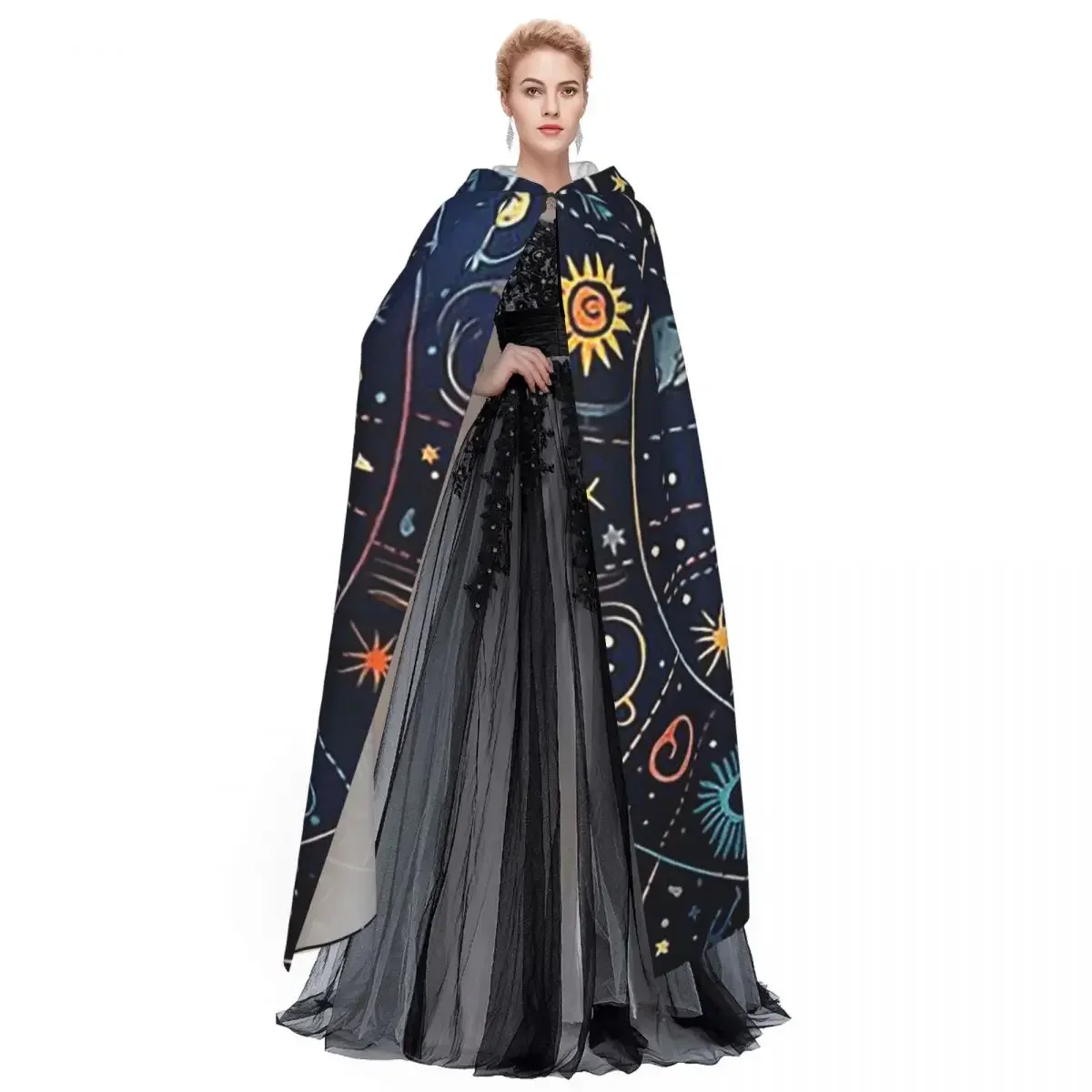 Customization Celestial Zodiac Vibrant Star Signs Wheel Long Hooded Cloak Witch Medieval Costume Cosplay Cape HalloweenCoat Adul