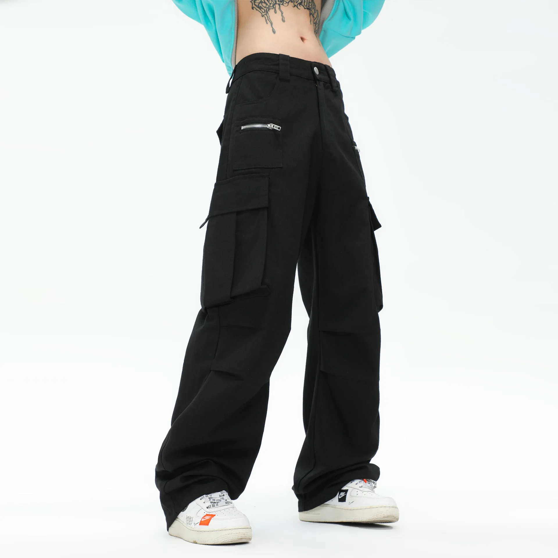 OR FL American Retro Fold 100 Cotton Women Paratrooper Pants Women's Baggy Wide Leg Pants Y2k Solid Color Slacks Cargo Trousers