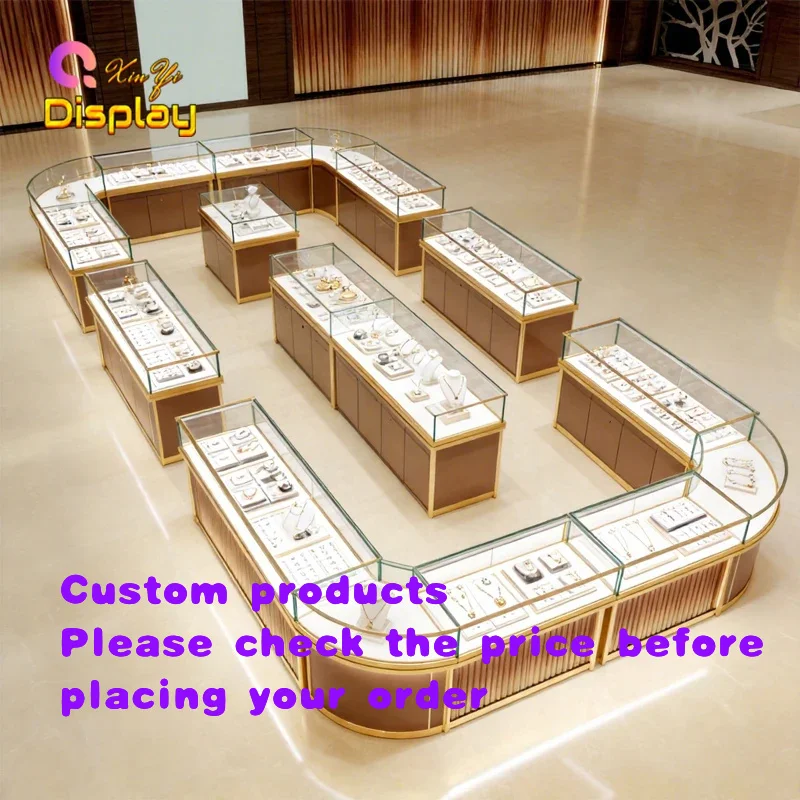 custom.Modern Frame Heavy Duty Jewelry Display Counter LED Lighting Tempered Glass Showcase Jewelry Shop and Mall