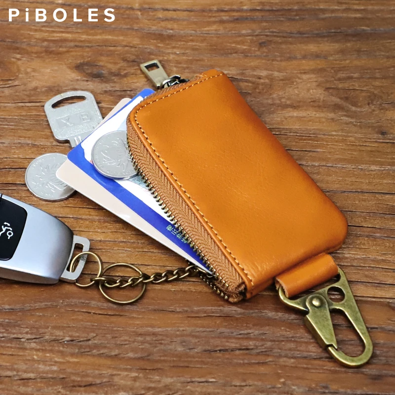 

Vintage Soft Cowhide Waist Pouch with Keychain Ring Handmade Genuine Leather Small Key Wallet Zipper Mini Purse
