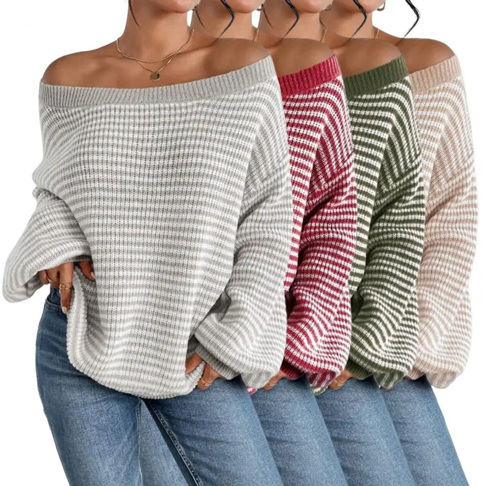 

Long Sleeve Knitted Pullover Striped Print Off Shoulder Women's Sweater Oversized Long Sleeve Knit Pullover Top Soft Stretchy