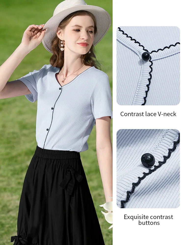 I BELIEVE YOU Blue Embroidered V-neck Knitted T-shirt Top for Women Summer 2026 Fake Placket Tops Short Sleeve Tees 2251016041