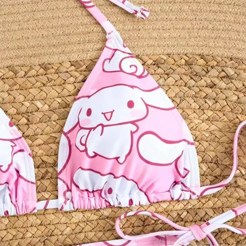 2Pcs Cartoon Cinnamoroll Print Bikini Set Women Pink White Halter Triangle Swimsuit Tie Side Two-Piece Bathing Suit Beachwear view 2