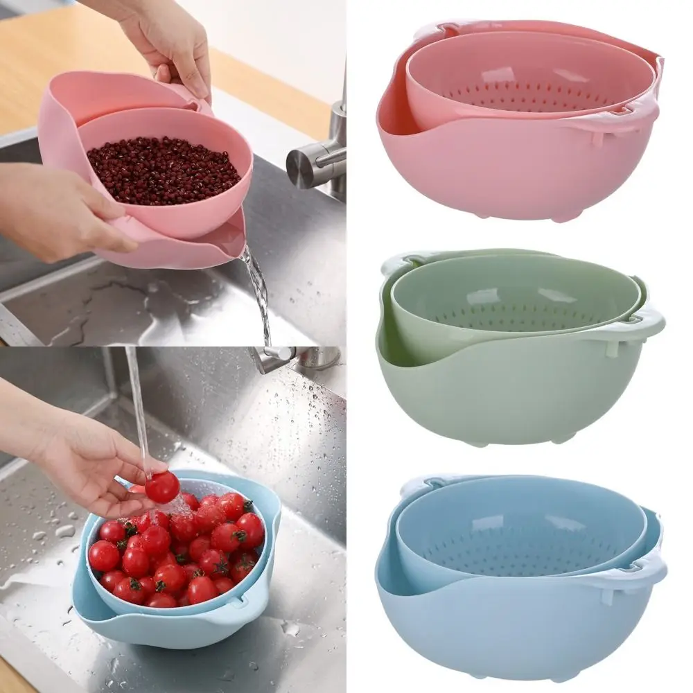 with Handle Vegetable Drain Basket Kitchen Gadgets Double Layer Rice Washing Bowl Green Blue Pink Sink Rotatable Drainer