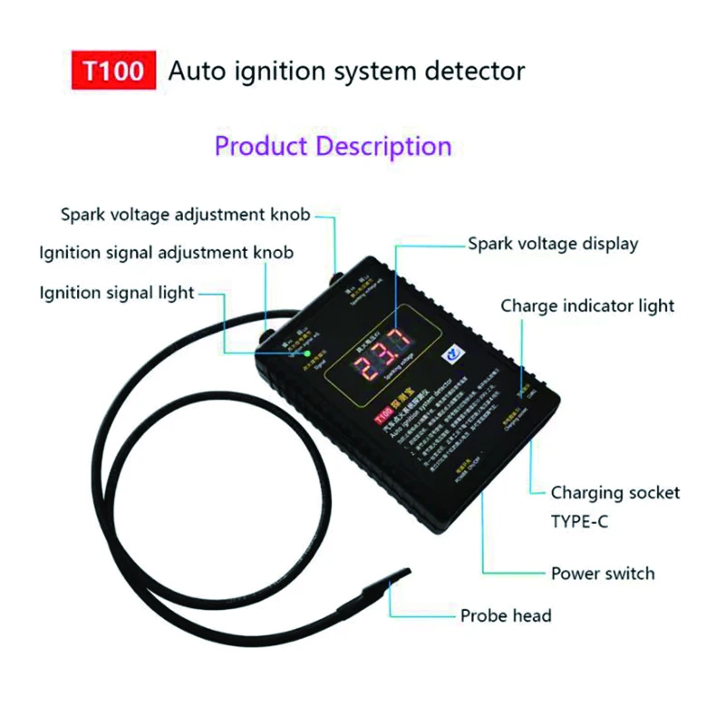 Automatyczny detektor układu zapłonowego T100 do systemów zapłonowych 12V 24V, wykryj sygnał zapłonu i ewektor silnika napięcia iskrowego