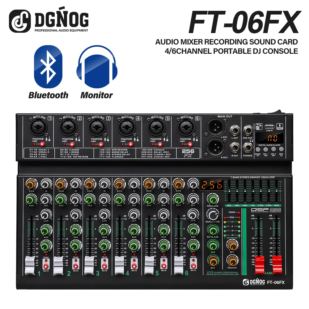 

4/6Channel Audio Interface Mixing Console 256DSP Mixer Audio Reverb Effect 48V Phantom Bluetooth Audio Mixer Suitable for Studio