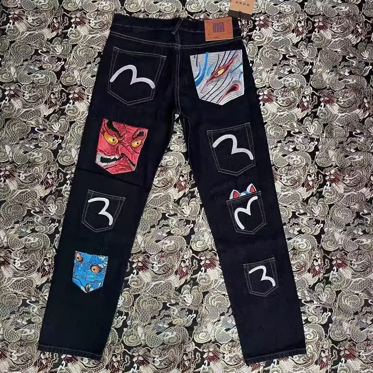 

M-Logo Embroidered Fce Lined Slim Fit Men's Jeans Korean Sle Straight Leg Long Trousers Casual Pants Polyester Fiber