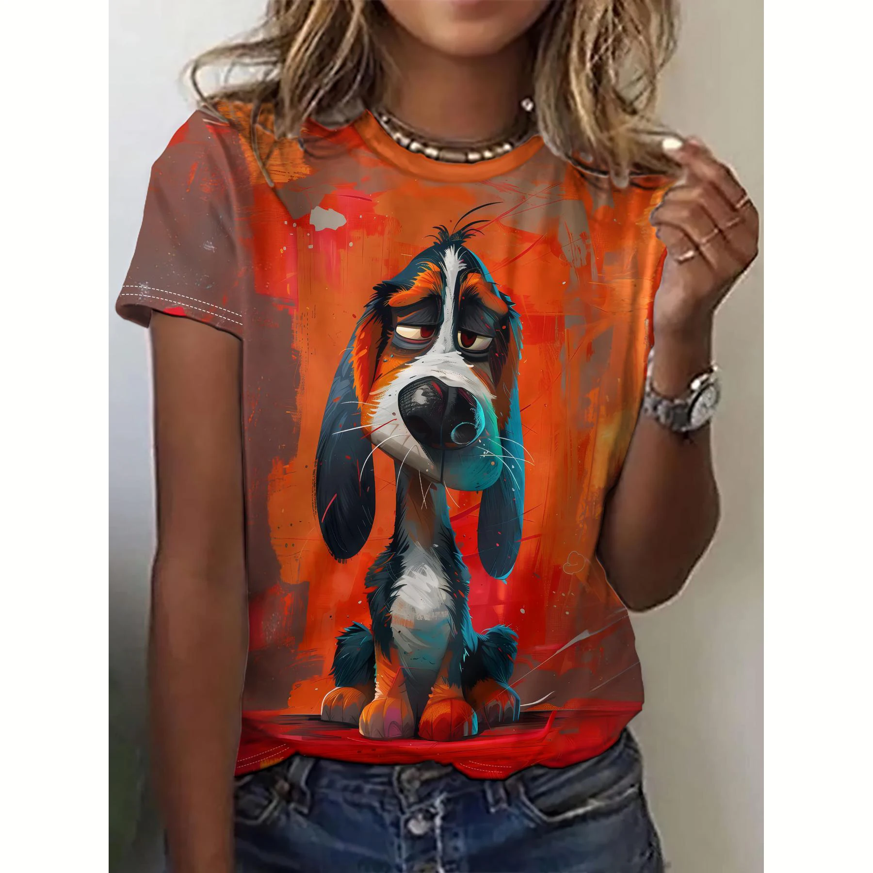 Kaos Wanita Musim Panas Motif Anjing Kasual Lengan Pendek 3D Kaos Fashion Streetwear Kerah Bulat Pullover Ukuran Besar Pakaian Wanita