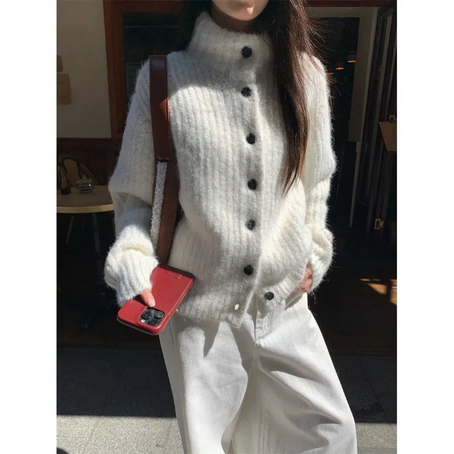 

Women's Chic Korean Sle Sweater Thiened Button Stand Collar Soft Cozy Outerwear Long Sve Warmth Outer Top