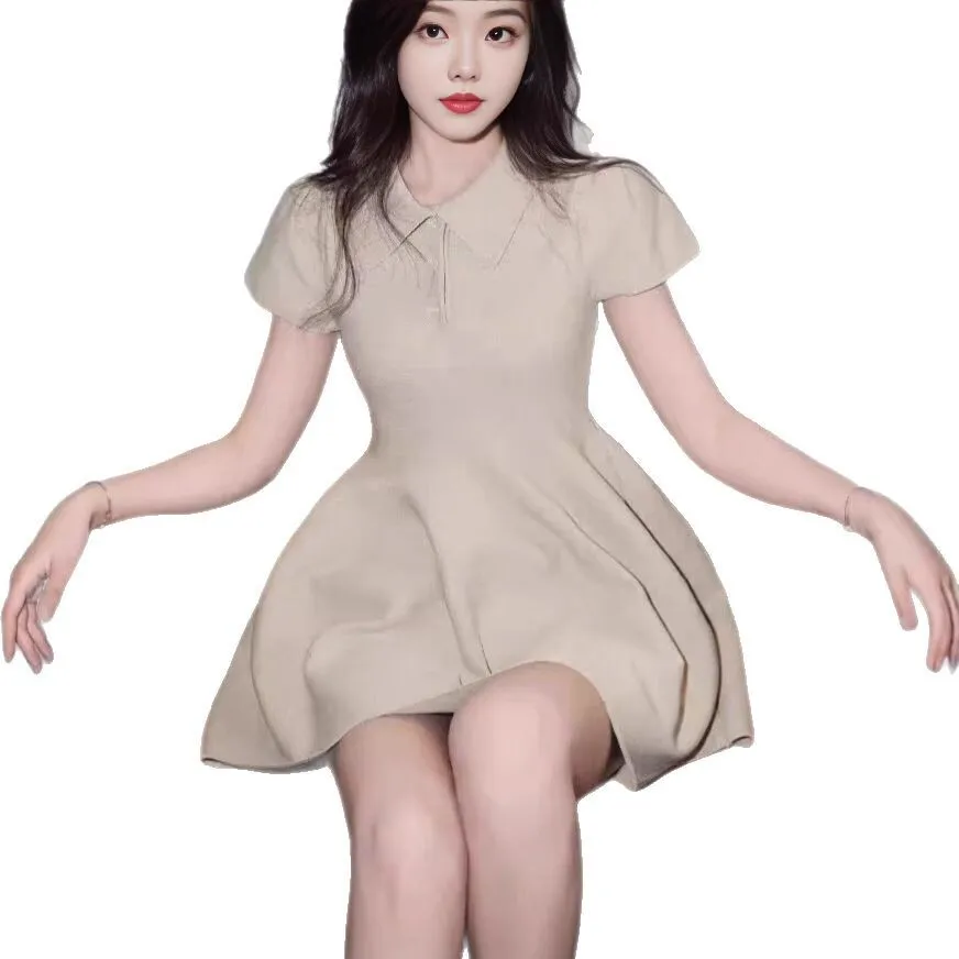 여름 새 셔츠 칼라 탄성 인형 틈새 패션 허리 슬리밍 a 라인 짧은 치마 점프 슈트