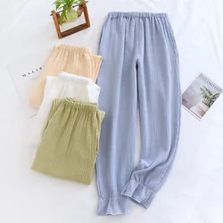 Japanese new spring and summer trousers ladies 100% cotton crepe thin pajamas solid color fresh closing home pants cute bottoms