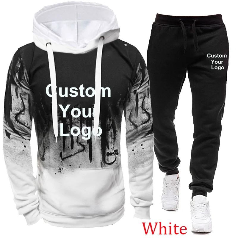 Fashion kustom Logo Anda baju olahraga pria lengan panjang Hoodies + celana Outdoor pakaian olahraga Gym berlari pakaian Pullover Hoody Tracksuit