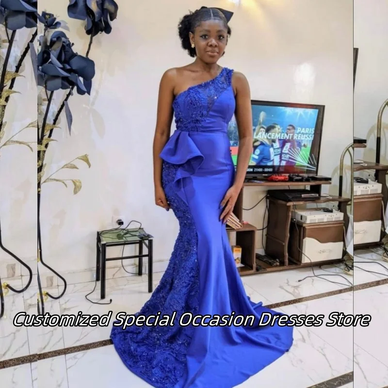 

Exquisite Lace Beading Applique Evening Dress One Shoulder Mermaid Prom Dresses For Black Girls Wedding Party Gowns Customized