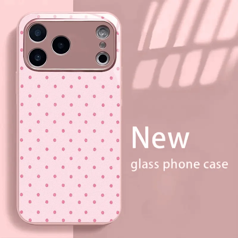 

Minimalist Cute Pink Polka Dot Metallic Glass Phone Case For iPhone 17 Pro Max 16 15 14 13 12 11 Pro 15 14 Plus 17 Air 16E Cover