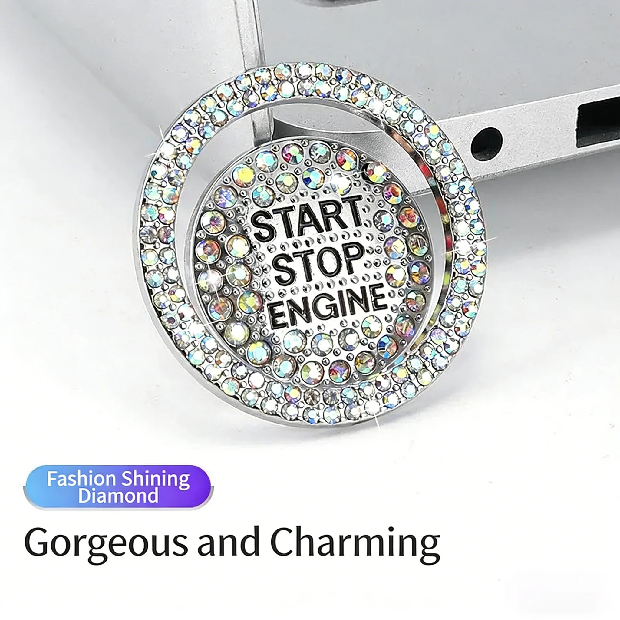 3D Car One-click Start Switch Auto Decorative Diamond Stickers Rhinestone Ring Circle Trims Protective Cover Car Accessories