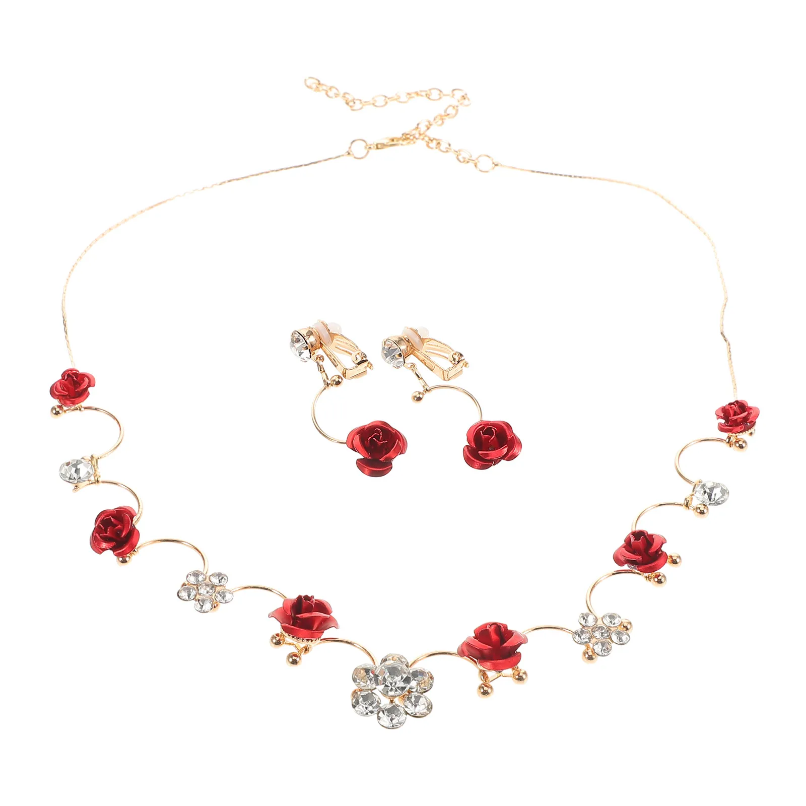 Set di gioielli per bambini Collana con fiori rossi Orecchini Lega di plastica Accessori per ragazze affascinanti per spettacoli di spettacoli