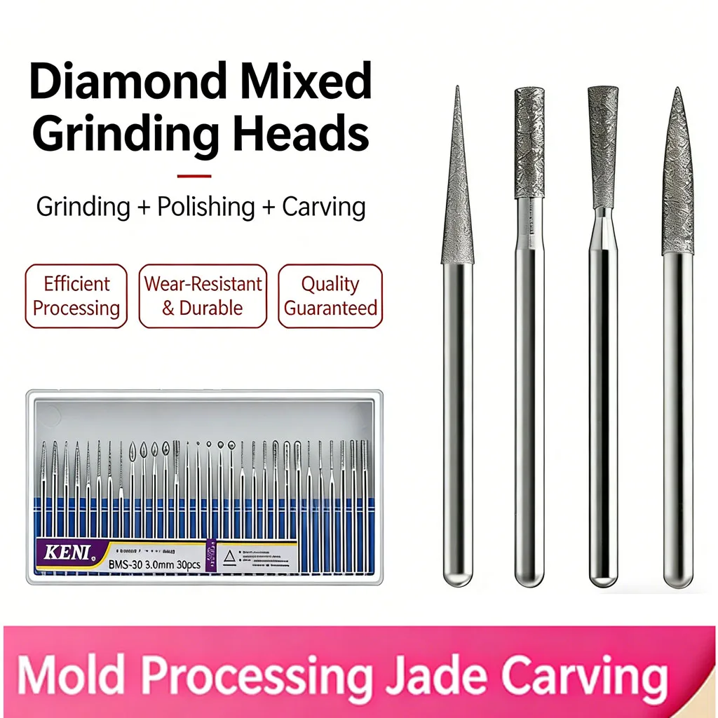 30Pcs 3.0mm Shank Diamond Mixed Grinding Heads Set for Jade Carving Mold Processing, Metal Polishing Engraving Rotary Tool Burrs