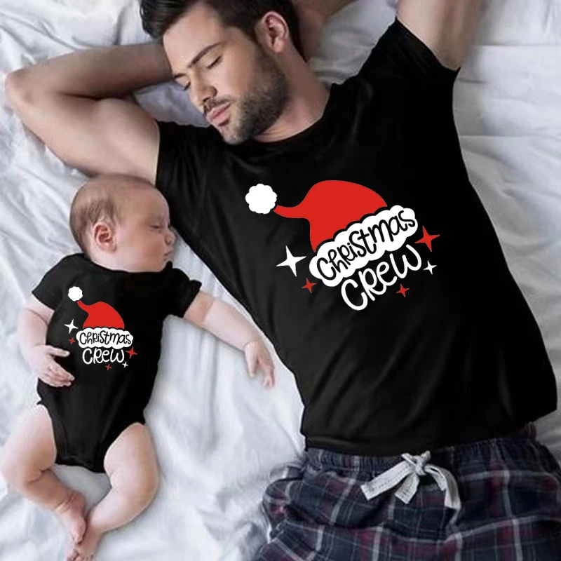 New Christmas Crew Print Family Matching Outfits Father Mother Daughter Son T Shirt Baby Rompers Cotton Family Look Xmas Clothes