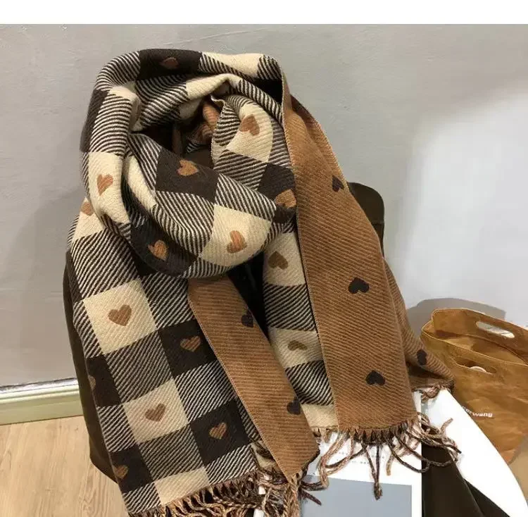 Women's Winter Scarf Love Heart Cashmere Long Tassel Shawl Thickened Warm Plaid Neckband Scarf Men Korean Fashion Accessories