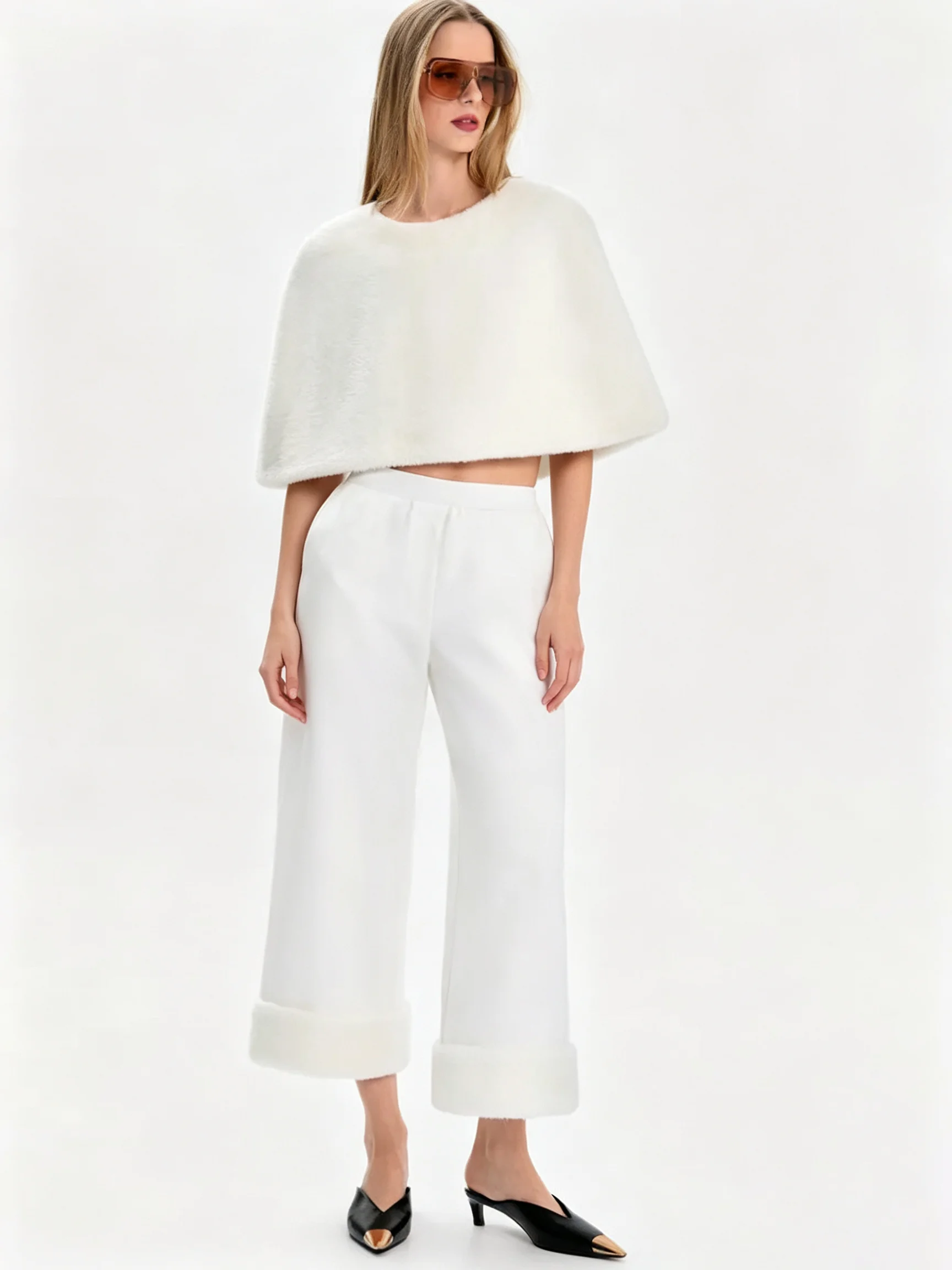 LIMO Round Neck Fluffy Faux Fur Short Cape Sleeveless Evening Shawl Cover Up
