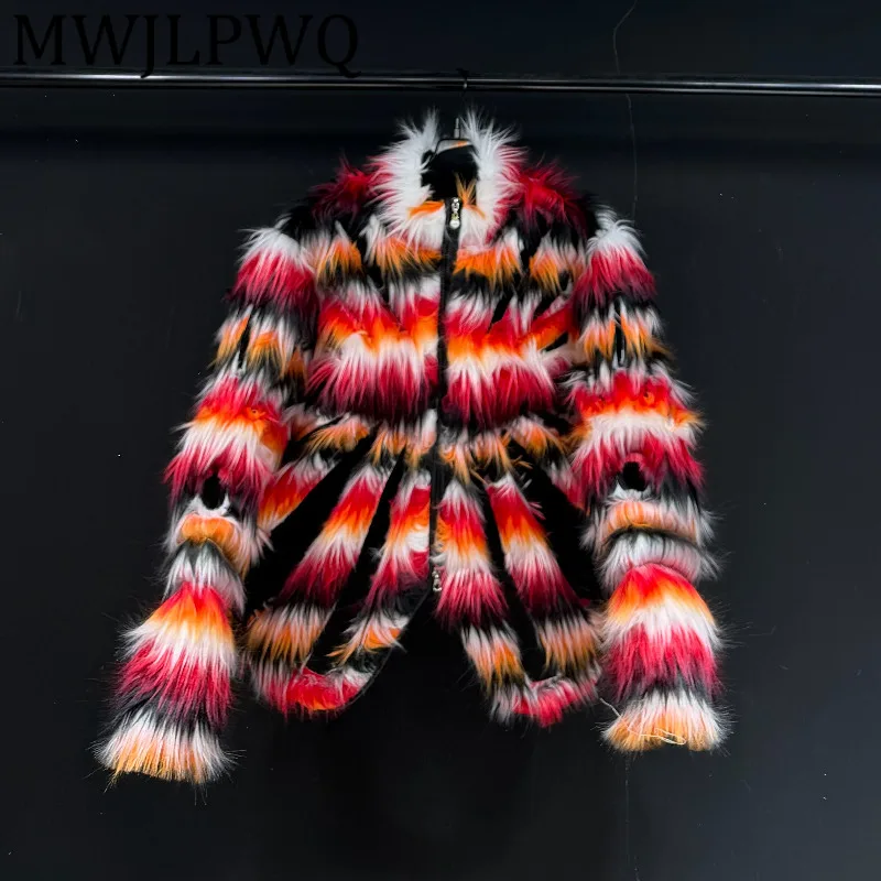 

MWJLPWQ Colorful Fur Niched Design High-End Cotton Coat For Men Street Style Fluffy Hollow Out Short Casual Loose Tops 12879