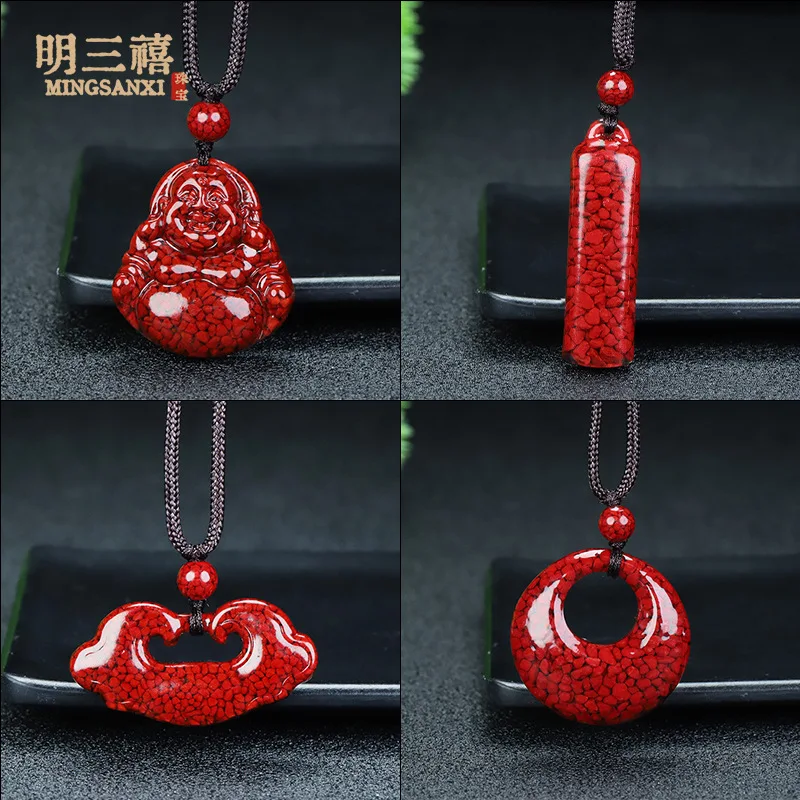 

Xiangxi Original Mineral Crystal Cinnabar Peace Buckle Pendant for Men and Women, Xiangyun Lock Maitreya Buddha Hanging Ornament