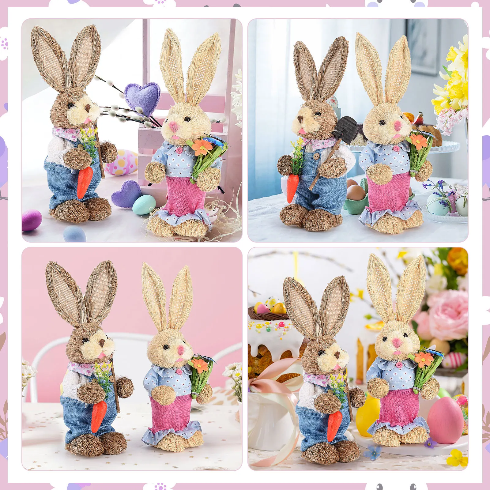 2PCS Straw Rabbit 2024 Easter Bunny Ornament Party Decorations Holiday Home Garden Wedding Decor Crafts Photo Props 25/35cm