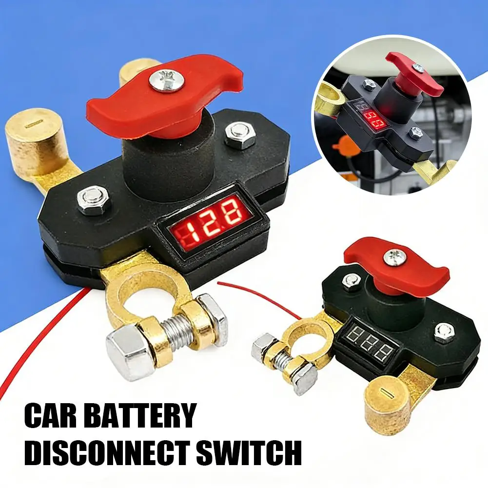 Car Battery Disconnect Switch with LED Digital Display 12-24V Bidirectional Rotating Power Cut Off, Universal Side Post