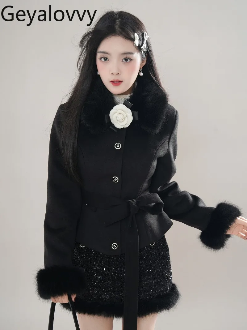 

Black High-End Exquisite Two-Piece Winter Outfit New Sweet Girl Single-Breasted Belted Short Coat and High-Waisted Sequin Skirt