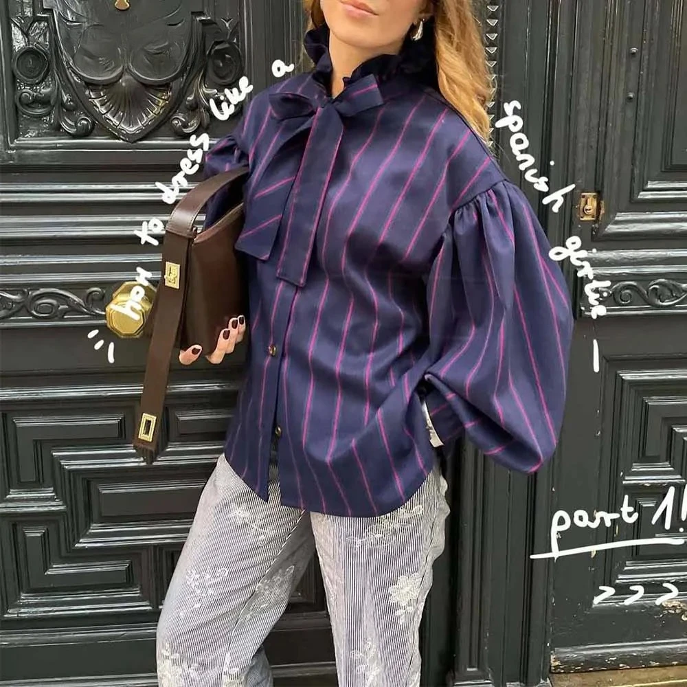 KONDALA شيك موضة 2025 قميص نسائي ربيعي مخطط بفيونكة قميص غير رسمي واحد الصدر بأكمام طويلة ملابس علوية فضفاضة عتيقة #2