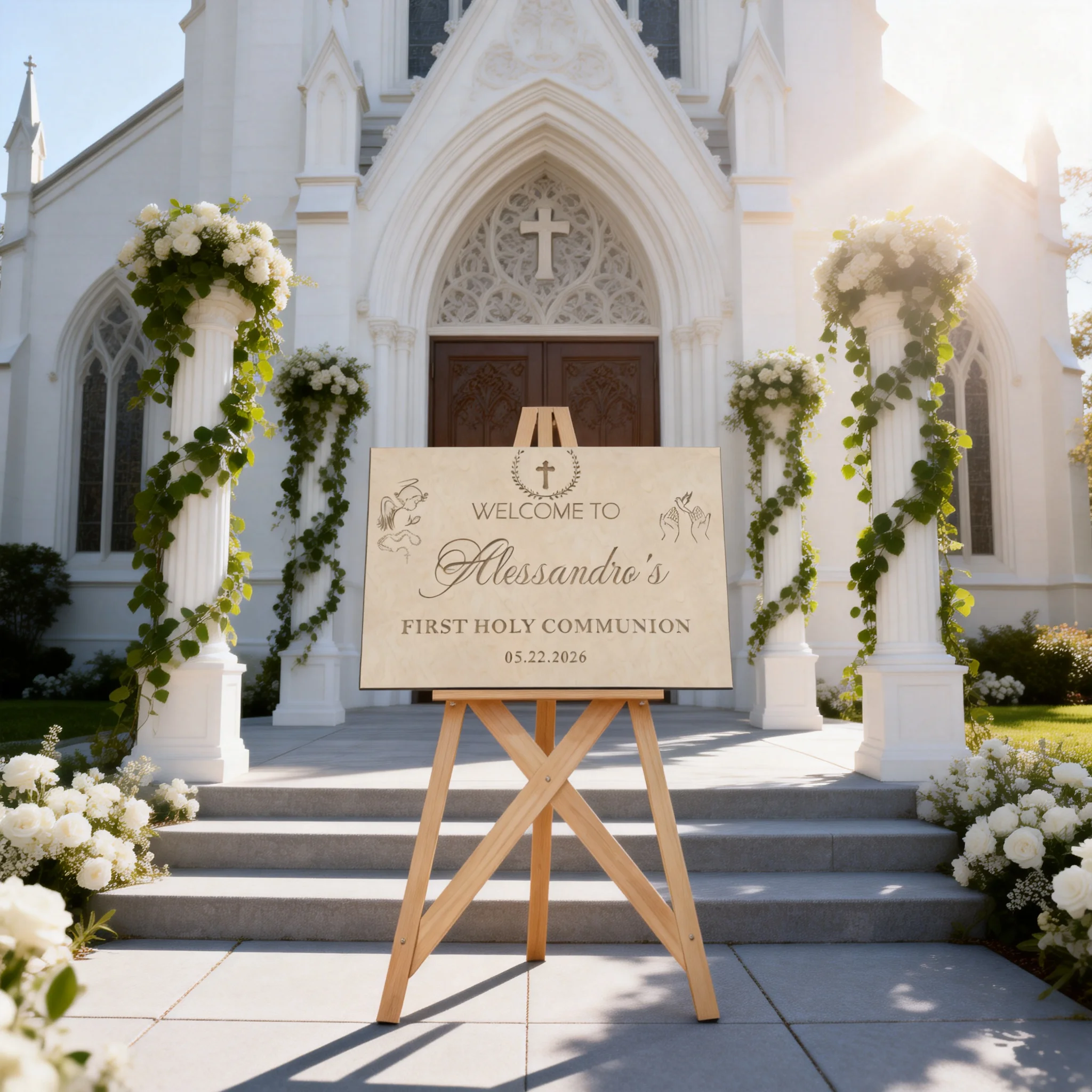 

1PCS 39x27.5cm Personalized Wooden Welcome Sign, Custom Name & Date Engraved Cross Angel Dove Design for First Communion Baptism