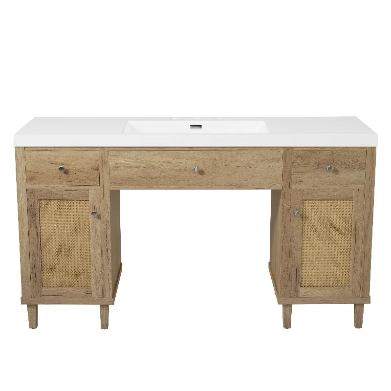 

60 Inch Bathroom Vanity with SMC Sink, Modern Spacious Bathroom Storage Cabinet with Soft Close Drawers and Tip-Out Tray, Solid Wood Legs and Silver Metal Knobs, Wheelchair-friendly style,Wood Color