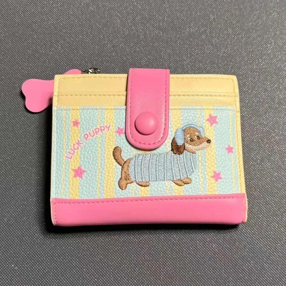 Cartera corta con bordado de perro salchicha Ins, monedero con cremallera de perro de dibujos animados, Color dopamina, bolso de artículos pequeños de PU para mujer y niña
