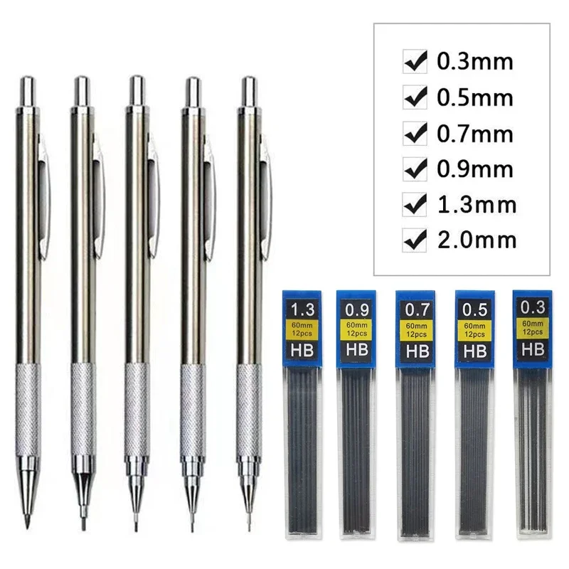 Metal Mechanical Pencil 0.3/0.5/0.7/0.9/1.3/2.0mm Drawing Automatic HB Pencil Set with Leads Office School Writing Art Supplies