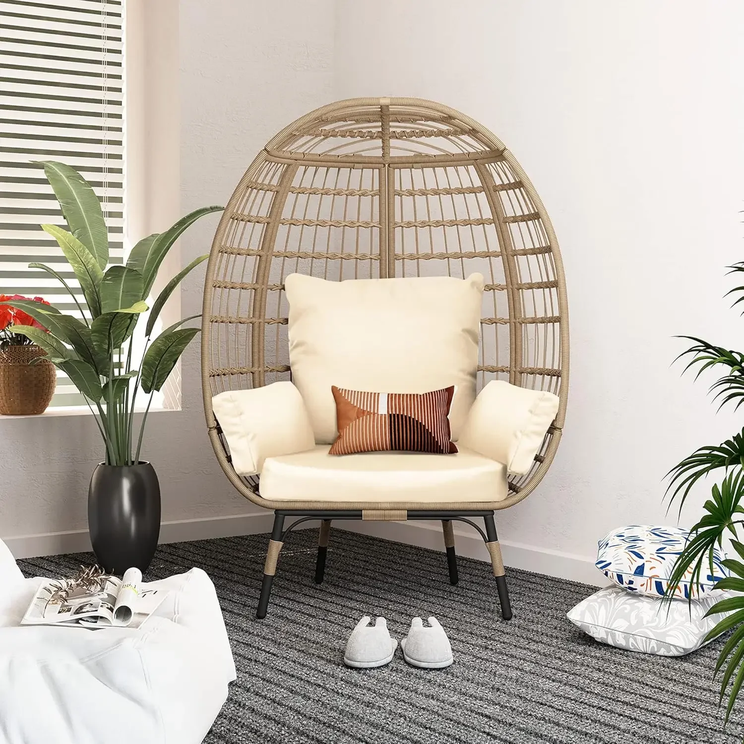 Outdoor Oversized Egg Chair,Indoor Patio Large Wicker Lounge Chair with Steel Frame and Cushions for Outside,Backyard