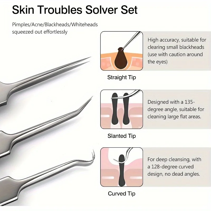 Jeu d'aiguilles professionnelles pour points noirs et boutons, extracteur de points de précision avec pincettes, élimination des points noirs et presser les boutons, 3 pièces