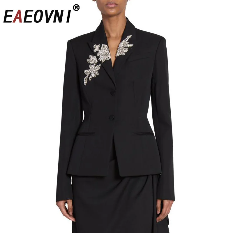 

EAEOVNI Luxury Diamonds Flower Spliced Blazer Coat Women Fashion Design Button Gathered Waist Black Jacket Outerwear Autumn New