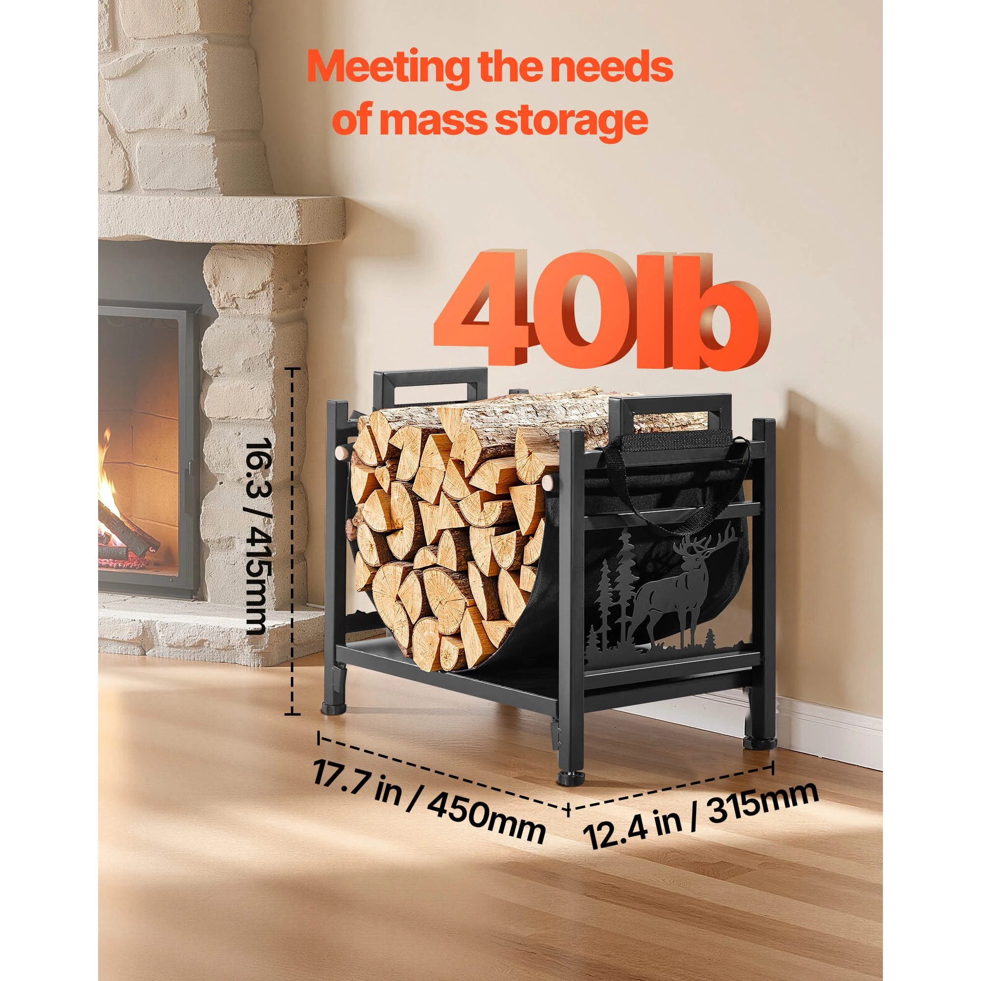 Indoor Firewood Rack, 1.5 ft Curved Log Holder with Canvas Carrier, 40lb Weight Capacity Wood Storage Stand, Powder-Coated Steel Firewood Holder, Heavy-Duty Wood Pile Stacker Rack for Fireplace