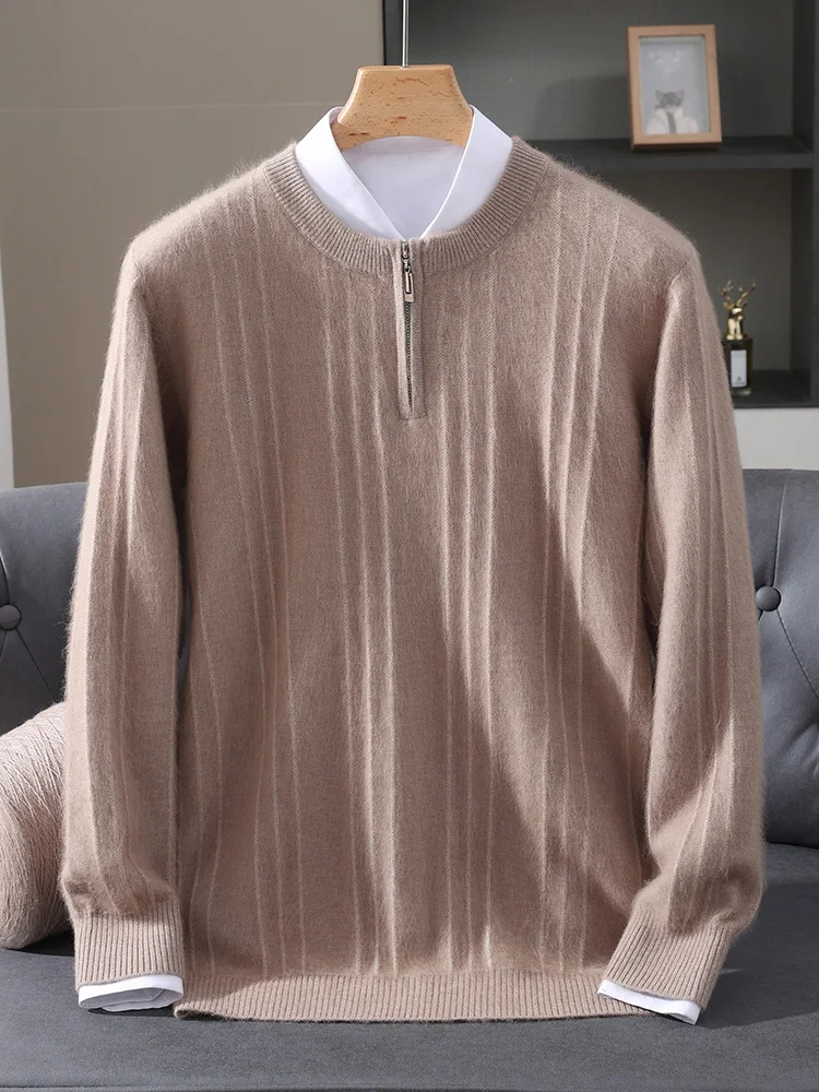 100% Mink Cashmere Thickening Sweater for Men O-neck Half Open Zipper Pullover Autumn Winter Knitwear Top Anti-pilling Clothing