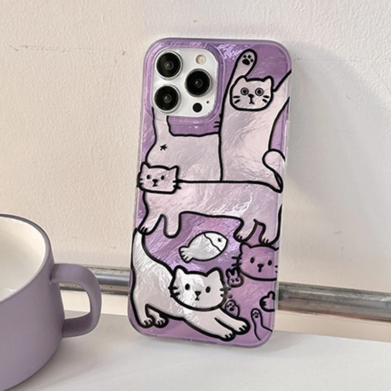 زوجين الكرتون مضحك القط خط قضية الهاتف لابل آيفون 16 15 14 13 برو ماكس 16e 11 12 7 8 زائد XR SE الفتيات Fundas غطاء