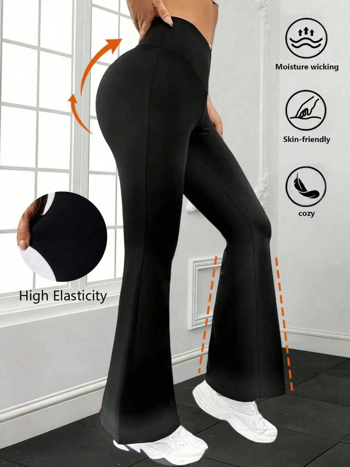 V-shaped cross-over high-waisted flared yoga pants for women. The front waist is crossed, providing an abdominal-reducing, hip-r